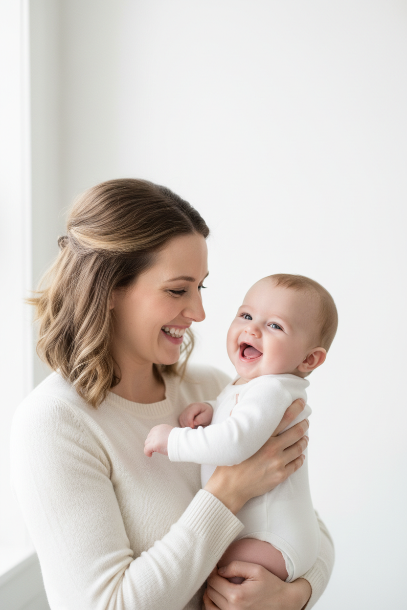 Mãe americana com bebê sorrindo